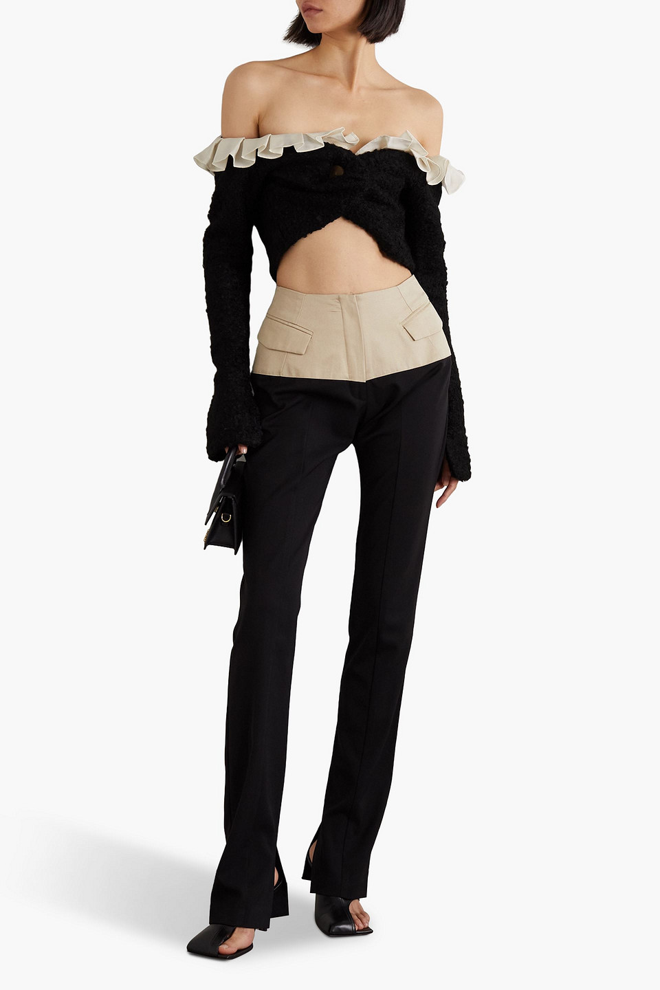 Aaizél Cropped Ruffled Bouclé-knit Cardigan In Black
