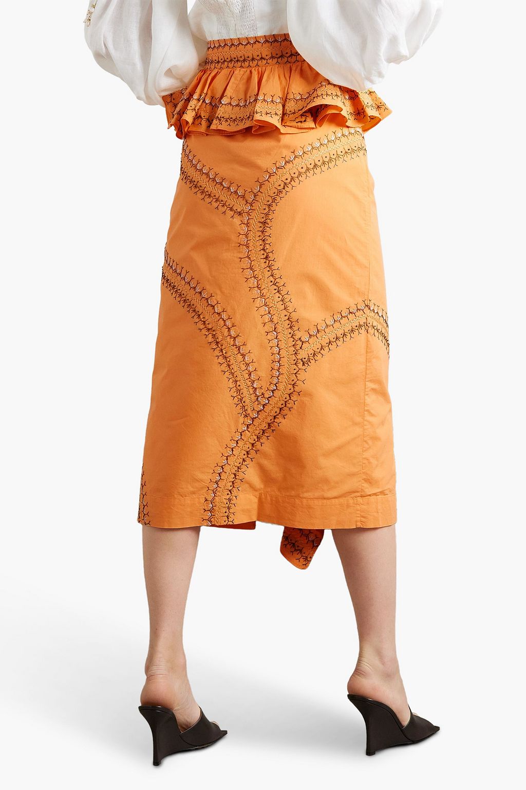 ULLA JOHNSON Ruffled embroidered cotton-poplin midi skirt
