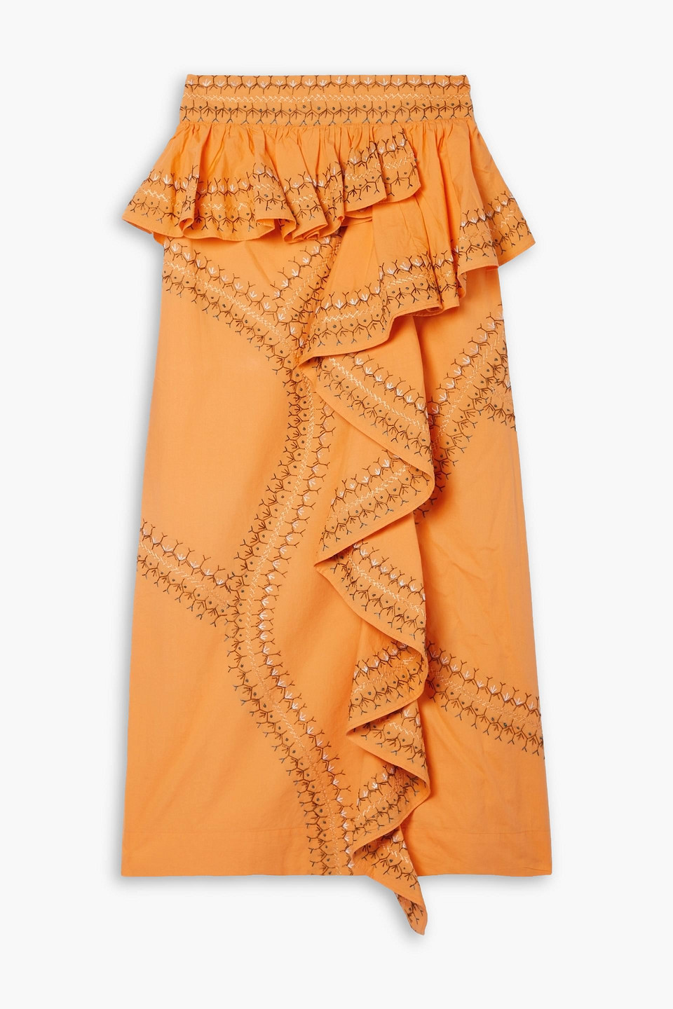 Ulla Johnson Ruffled Embroidered Cotton-poplin Midi Skirt In Marigold