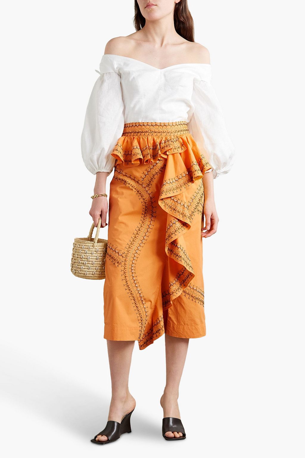 ULLA JOHNSON Ruffled embroidered cotton-poplin midi skirt