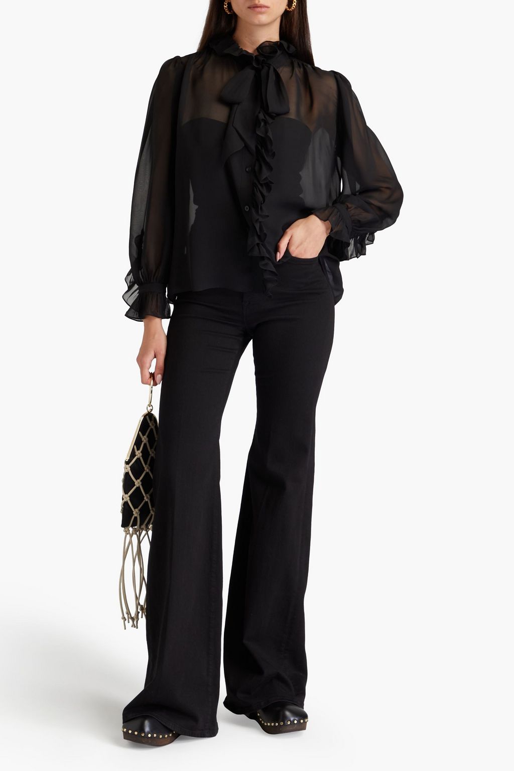 FRAME Pussy-bow ruffled silk-chiffon shirt