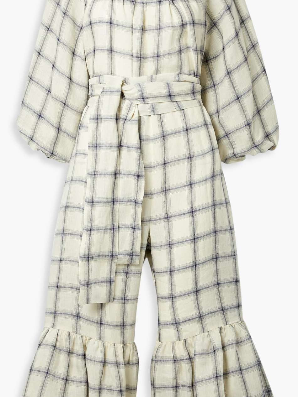 cropped belted checked linen jumpsuit