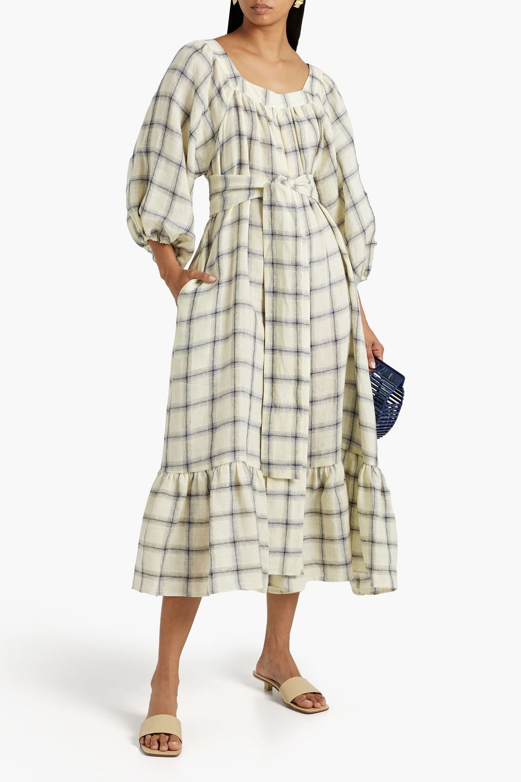 LISA MARIE FERNANDEZ Cropped belted checked linen jumpsuit