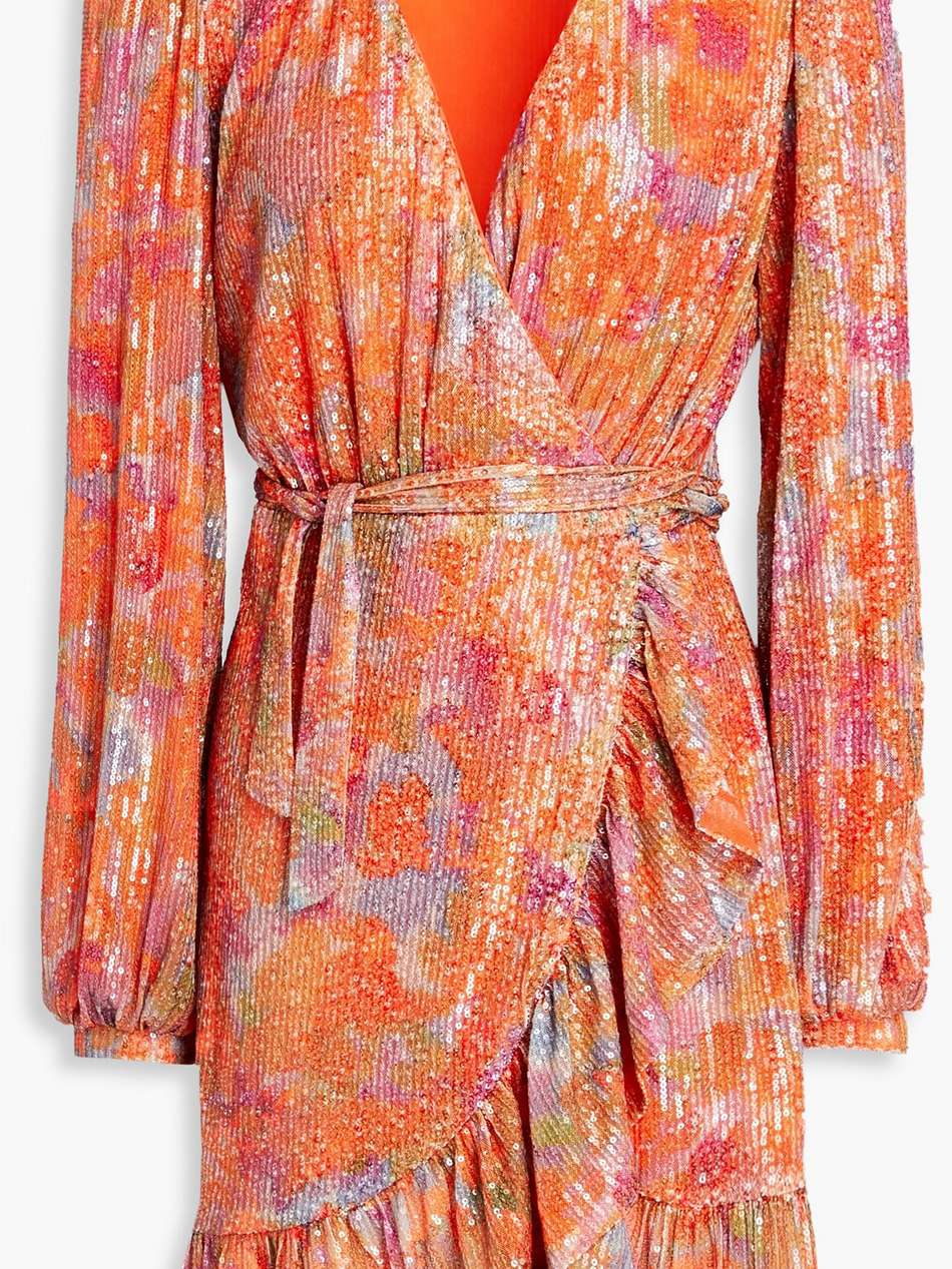 sequined printed tulle mini wrap dress