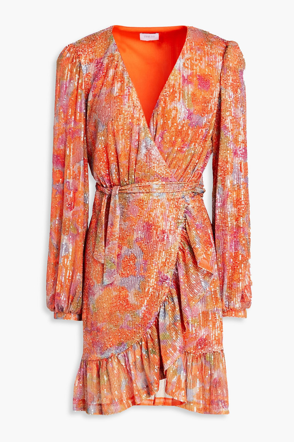 Shop One33 Social Sequined Printed Tulle Mini Wrap Dress In Orange