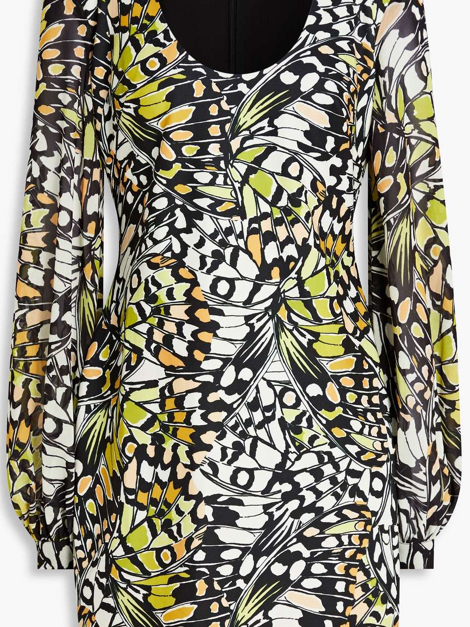 cutout printed chiffon and stretch-jersey mini dress
