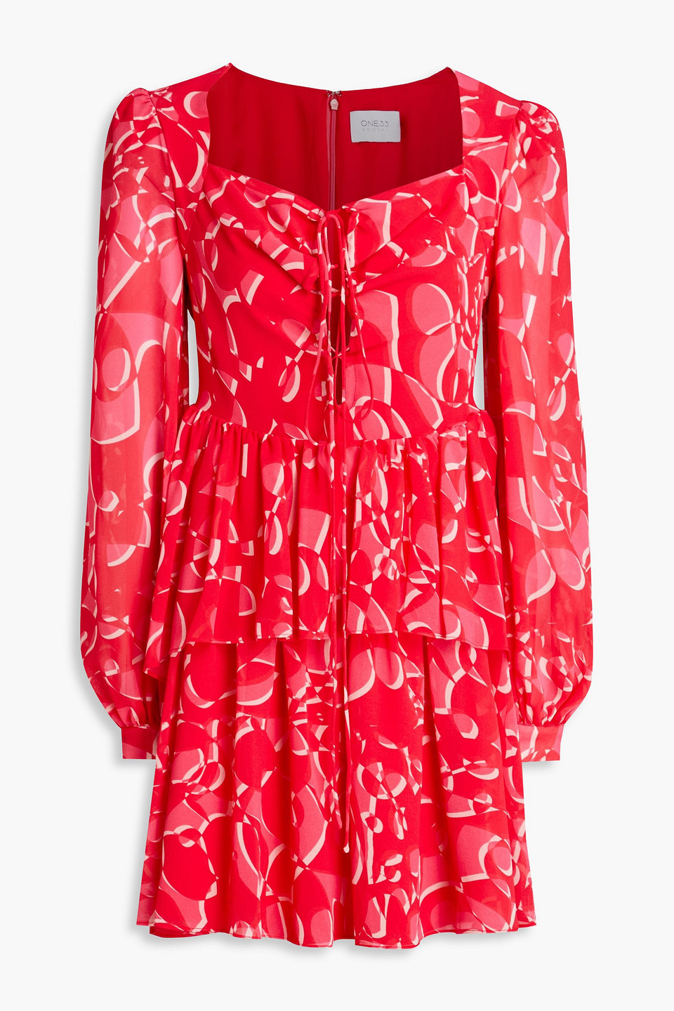 One33 Social Abstract-print Balloon-sleeve Mini Dress In Pink Red