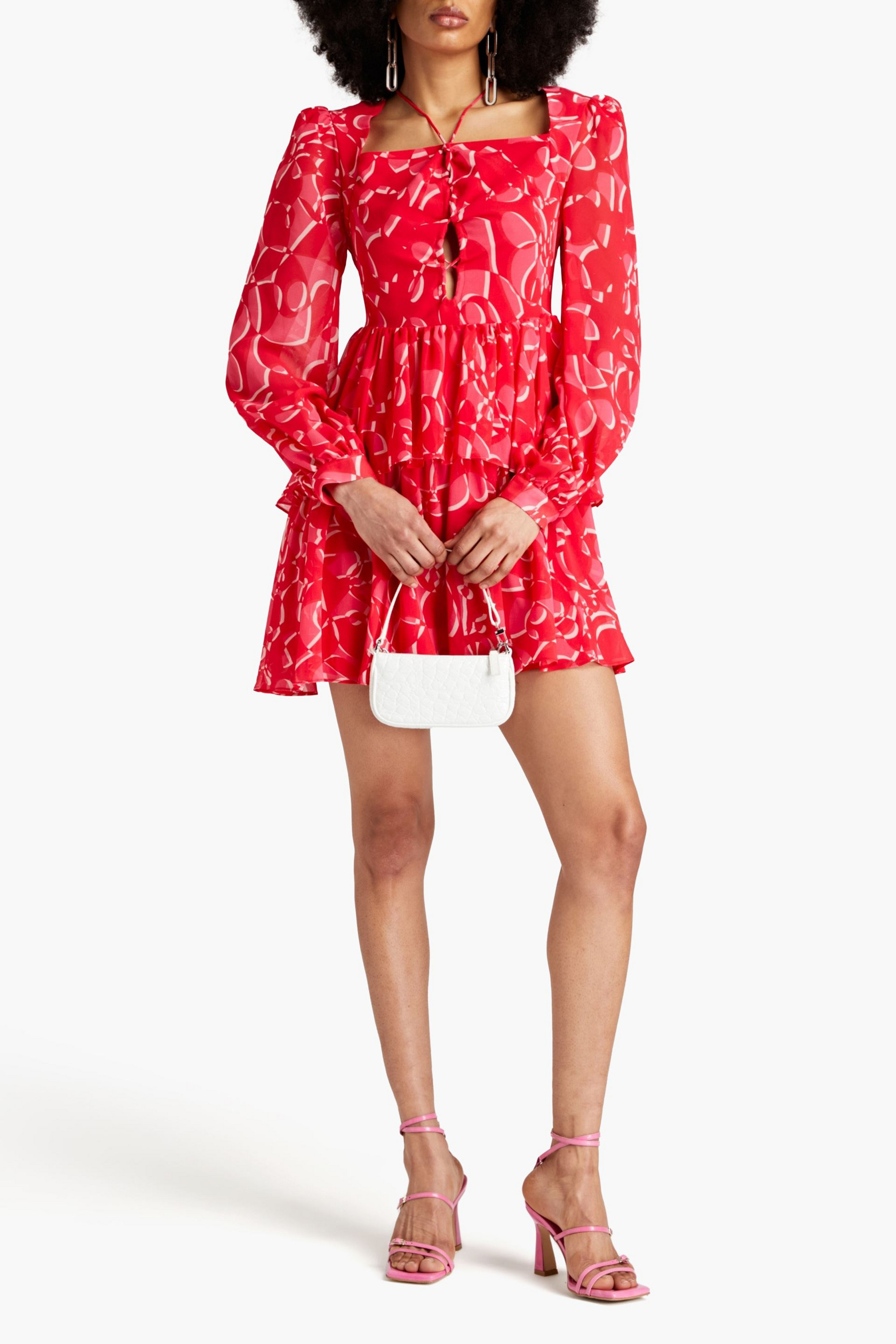 ONE33 SOCIAL Gathered printed georgette mini dress