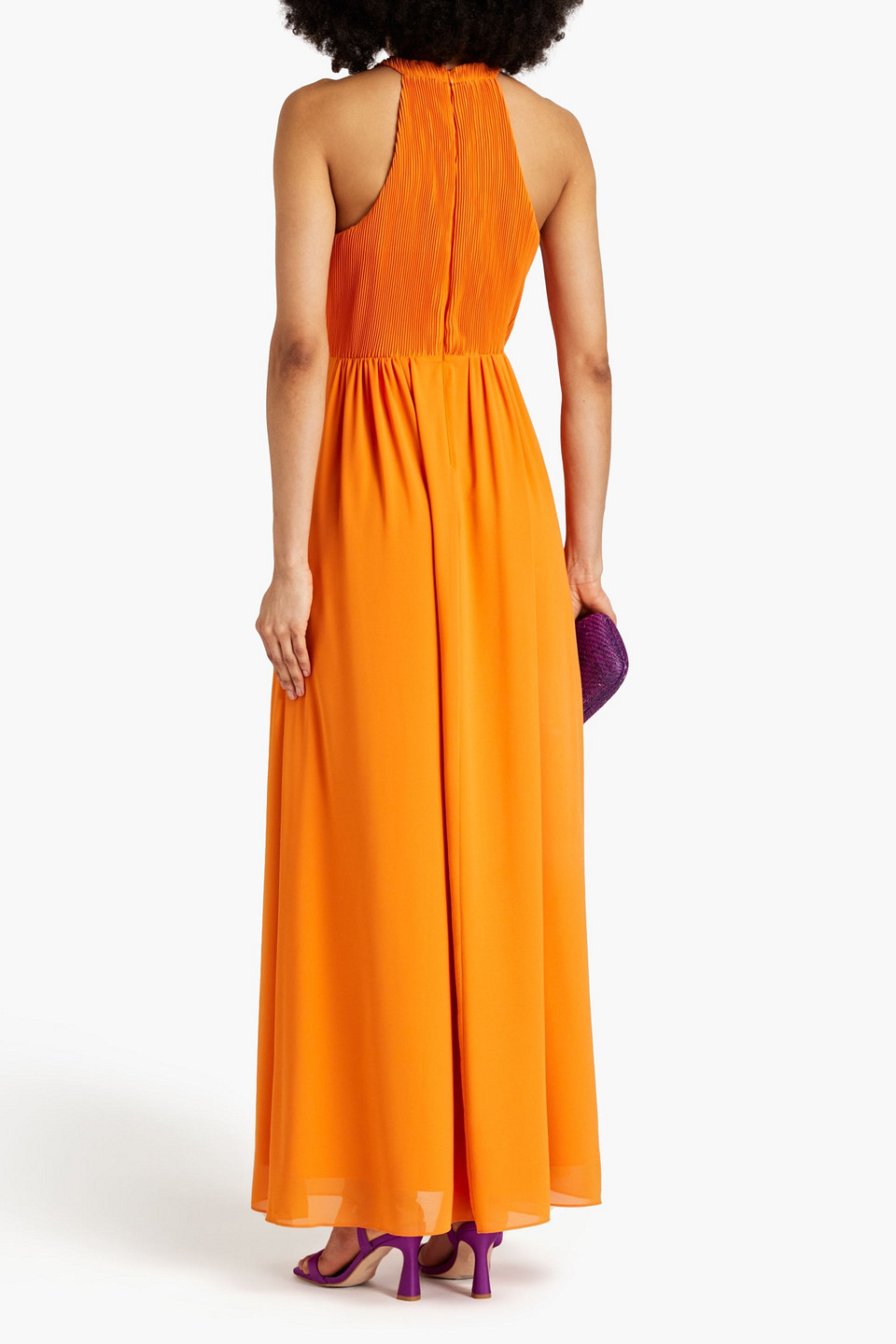 Shop One33 Social Gathered Plissé-chiffon Maxi Dress In Orange