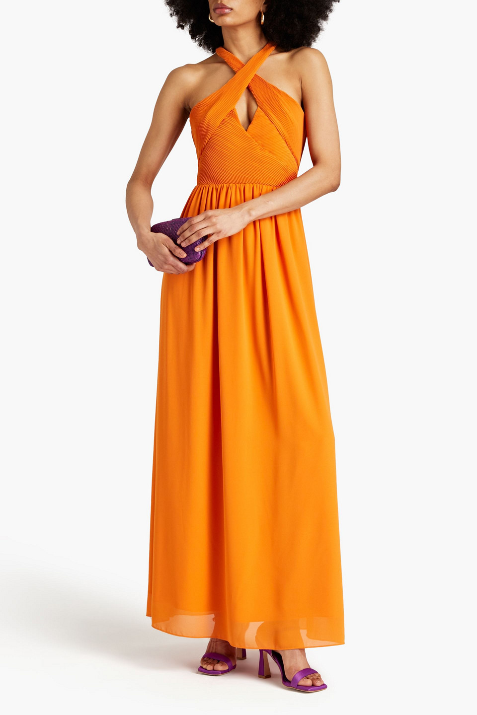 Shop One33 Social Gathered Plissé-chiffon Maxi Dress In Orange