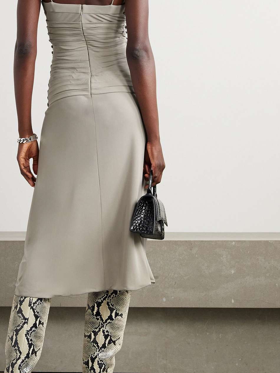 ventral asymmetric pintucked draped jersey dress