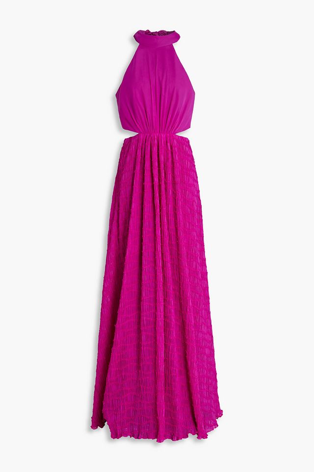 Gathered plissé-chiffon maxi dress