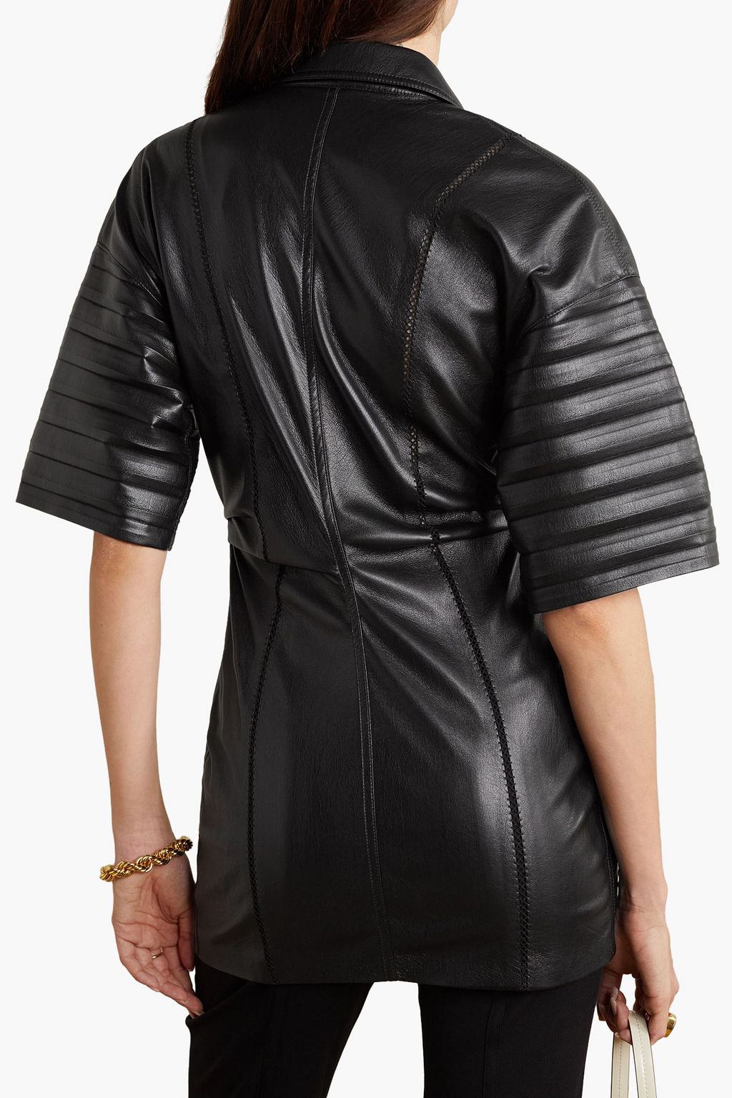 NANUSHKA Taya lattice-trimmed pleated vegan leather shirt