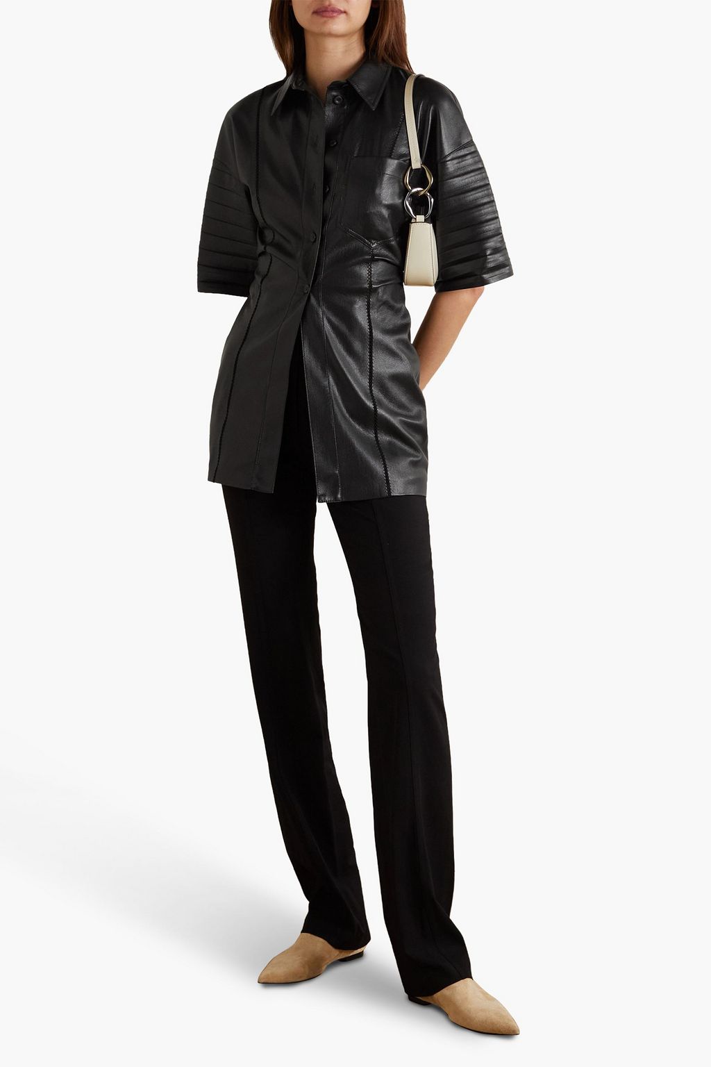 NANUSHKA Taya lattice-trimmed pleated vegan leather shirt