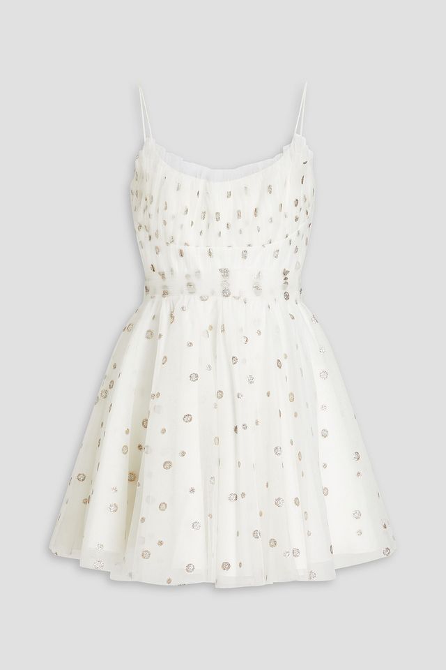 Gathered glittered polka-dot tulle mini dress