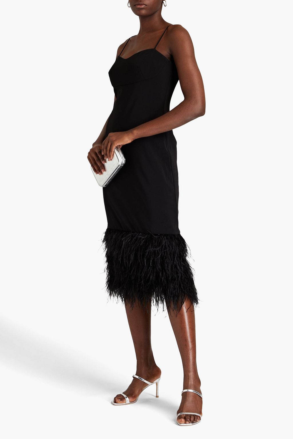 ML MONIQUE LHUILLIER Feather-embellished crepe de chine midi dress