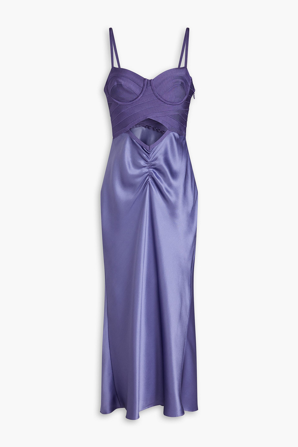 Hervé Léger Bandage-paneled draped satin midi dress