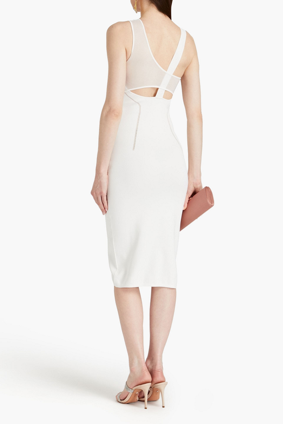 Shop Herve Leger Tulle-trimmed Stretch-knit Midi Dress In White