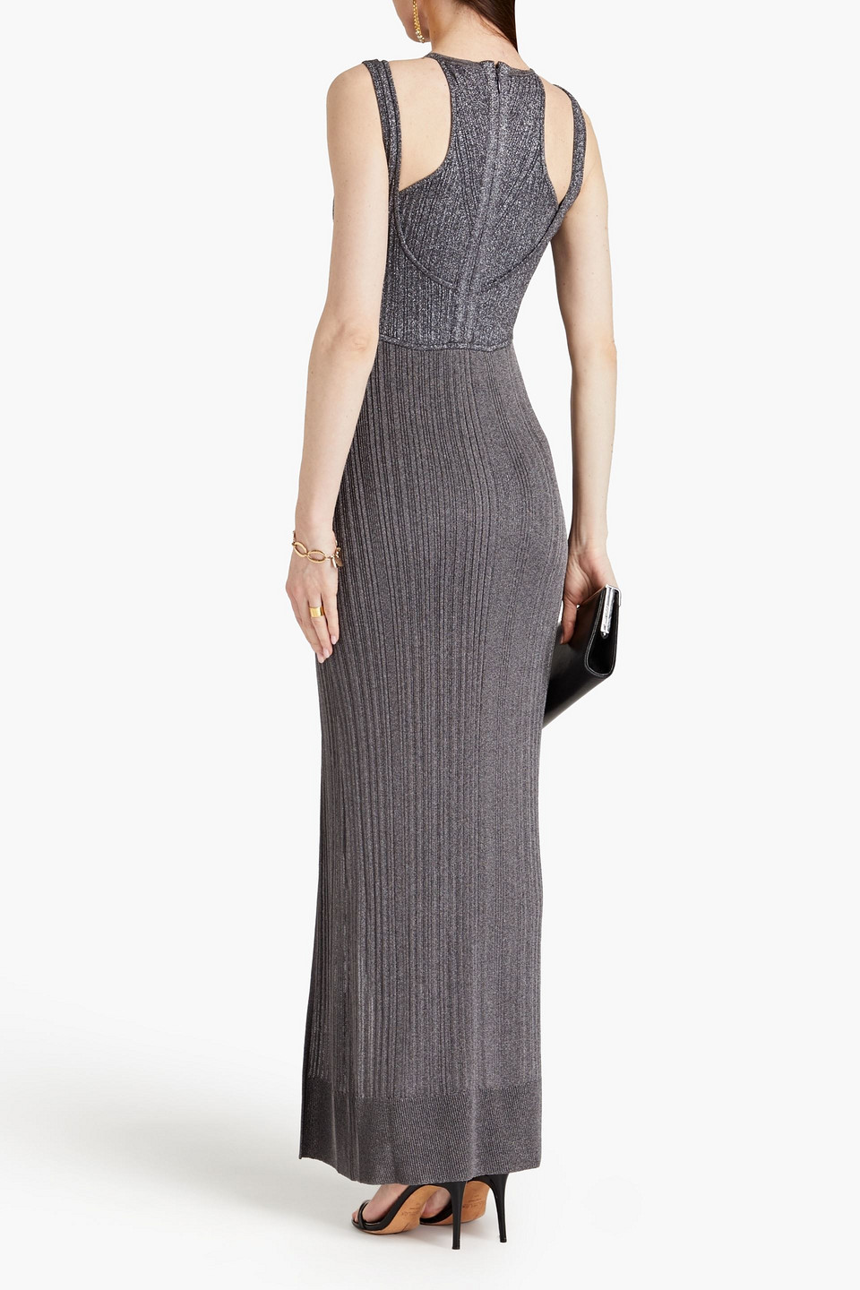 Herve Leger Robe Aus Metallic-rippstrick Mit Cut-outs In Gunmetal