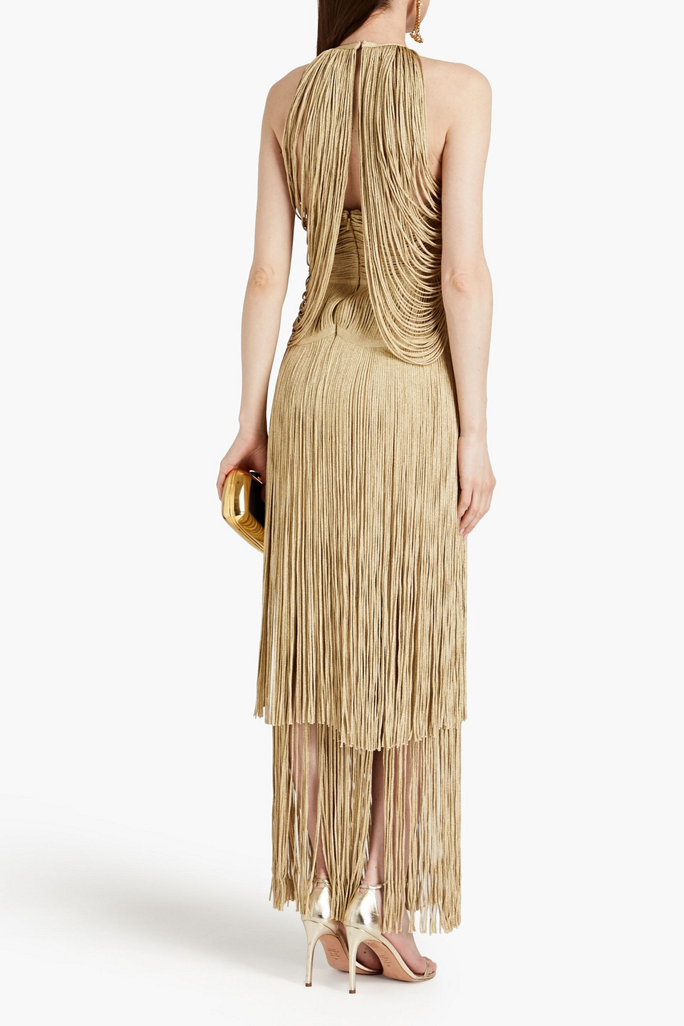 Shop Herve Leger Fringed Metallic Bandage Gown In Gold