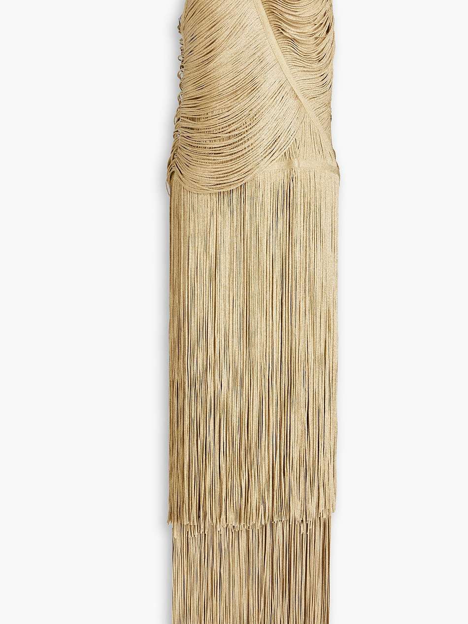 fringed metallic bandage gown