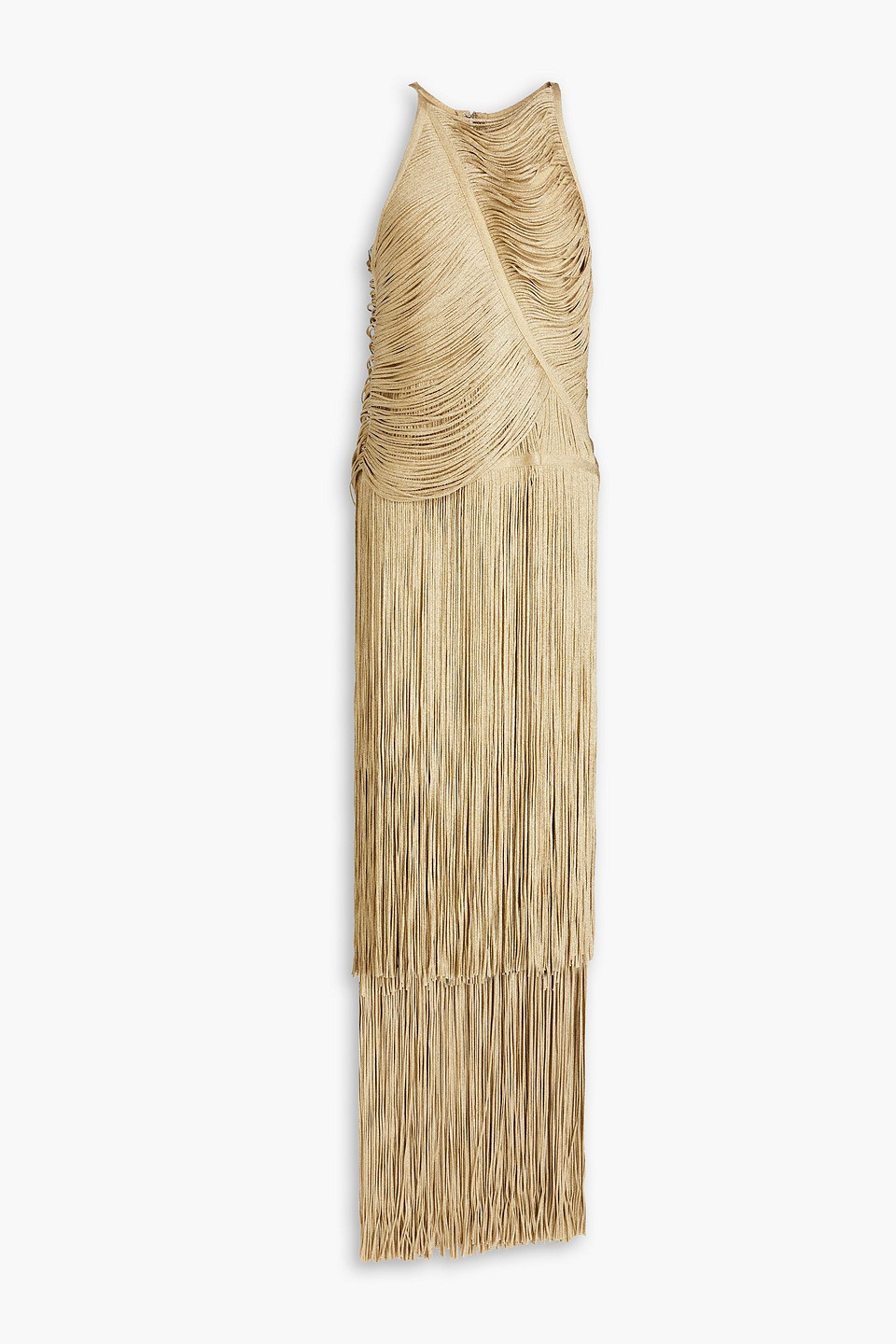 Herve Leger Fringed Metallic Bandage Gown In Gold