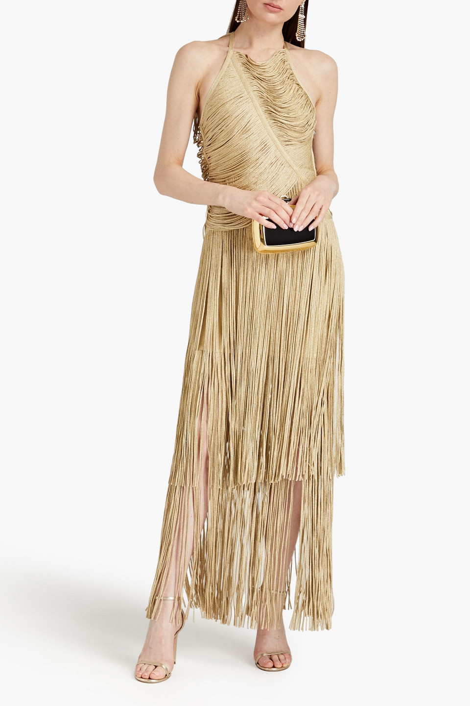 Shop Herve Leger Fringed Metallic Bandage Gown In Gold