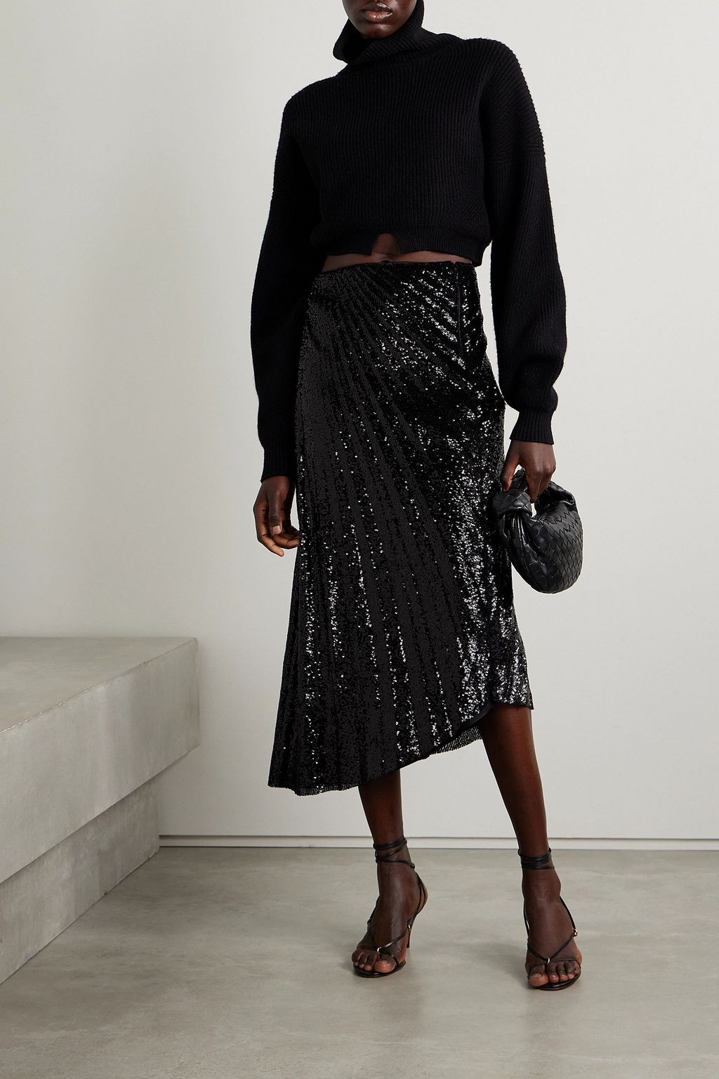A.L.C. Tori asymmetric pleated sequined tulle midi skirt