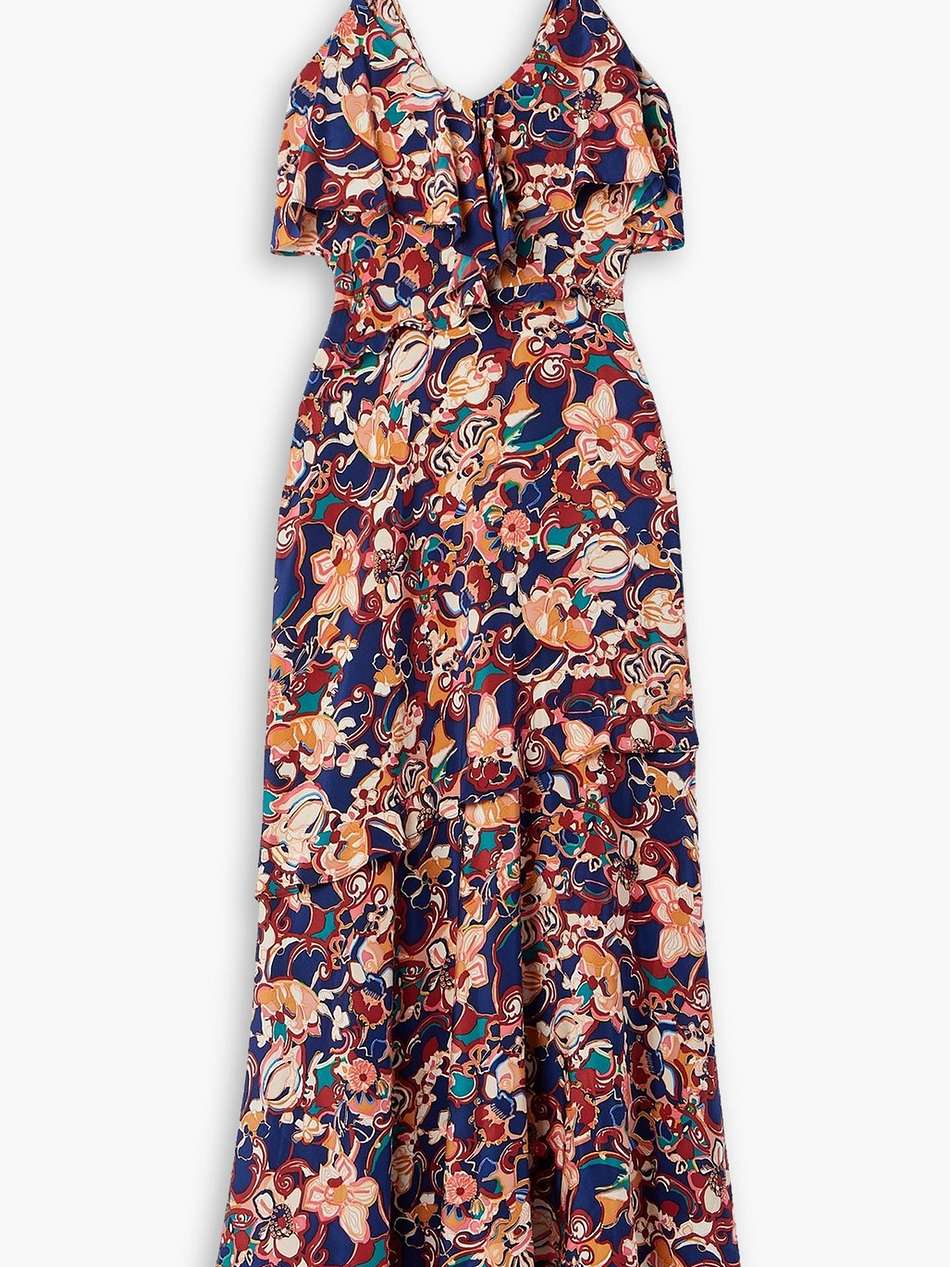 penelope ruffled floral-print silk-blend crepe de chine midi dress