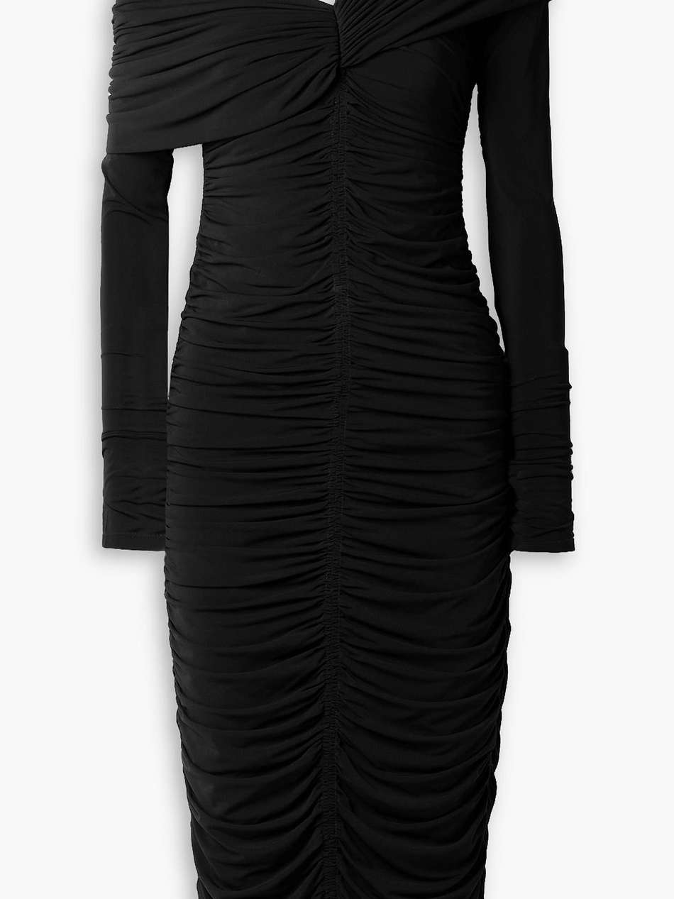 marie off-the-shoulder ruched stretch-jersey midi dress