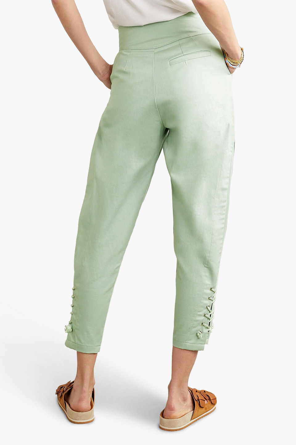 Shop Paradised Arielle Lace-up Cotton-twill Tapered Pants In Mint