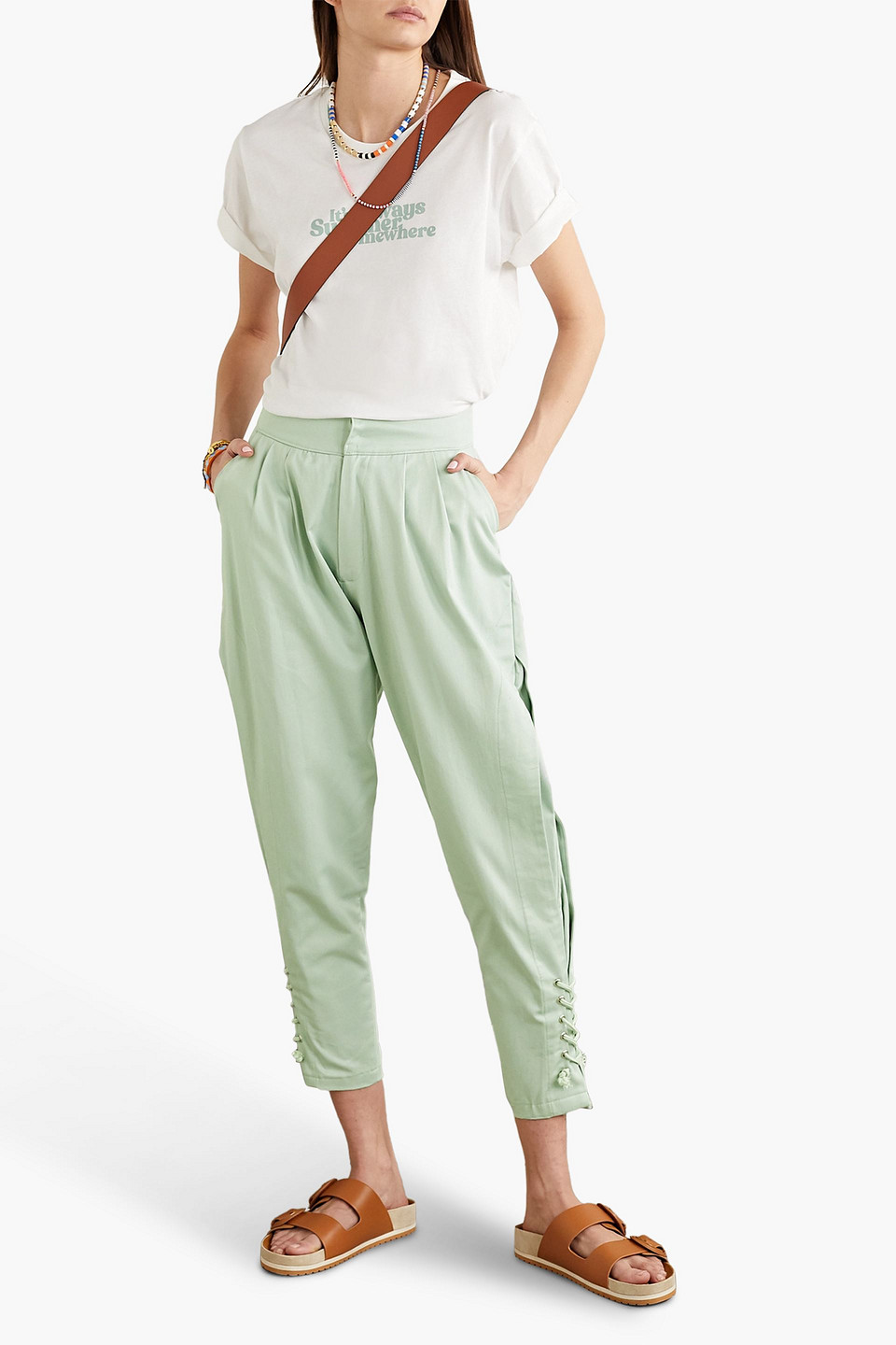 Shop Paradised Arielle Lace-up Cotton-twill Tapered Pants In Mint