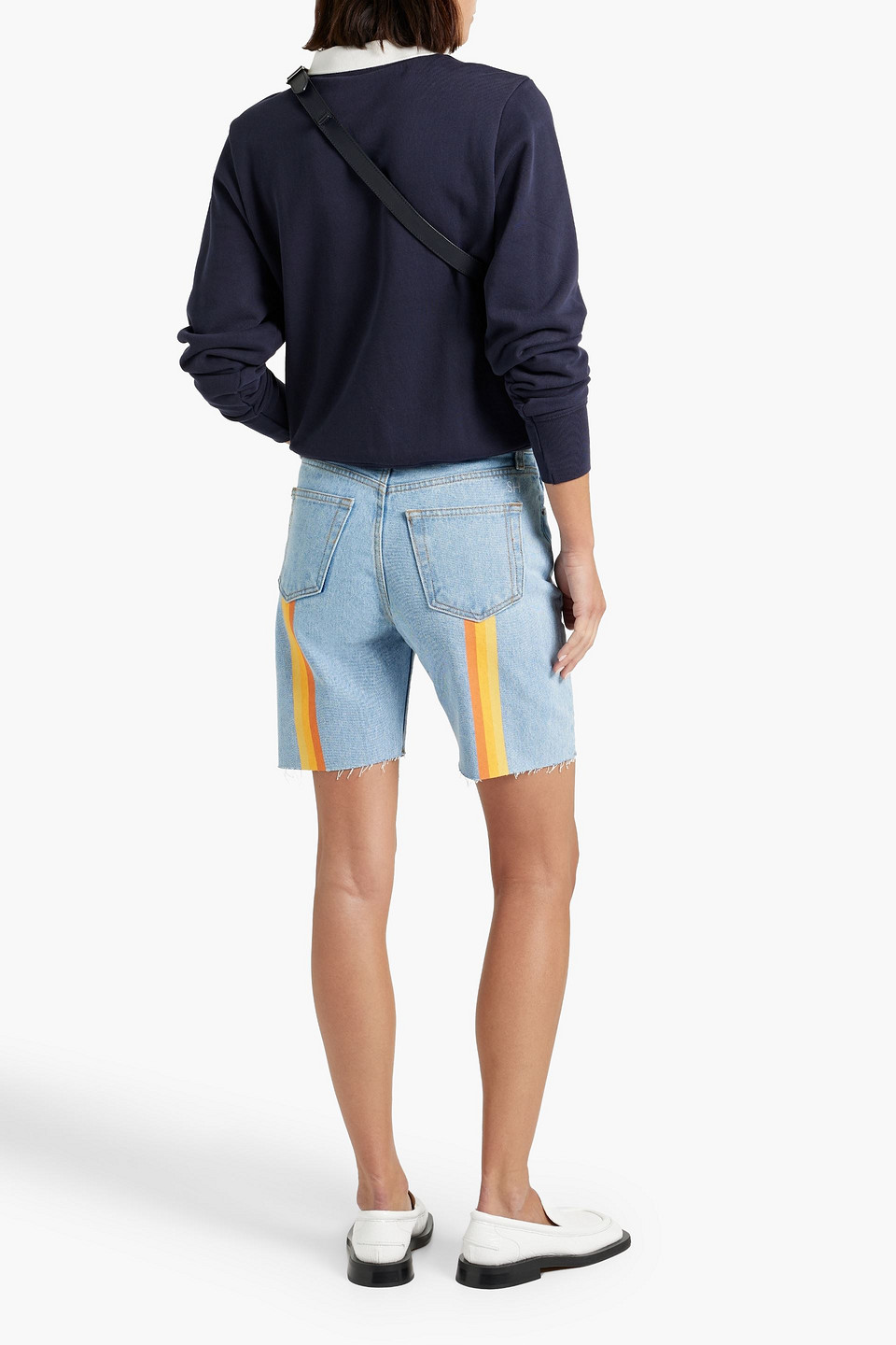 Shop Still Here Sunset Frayed Striped Denim Shorts In Light Denim