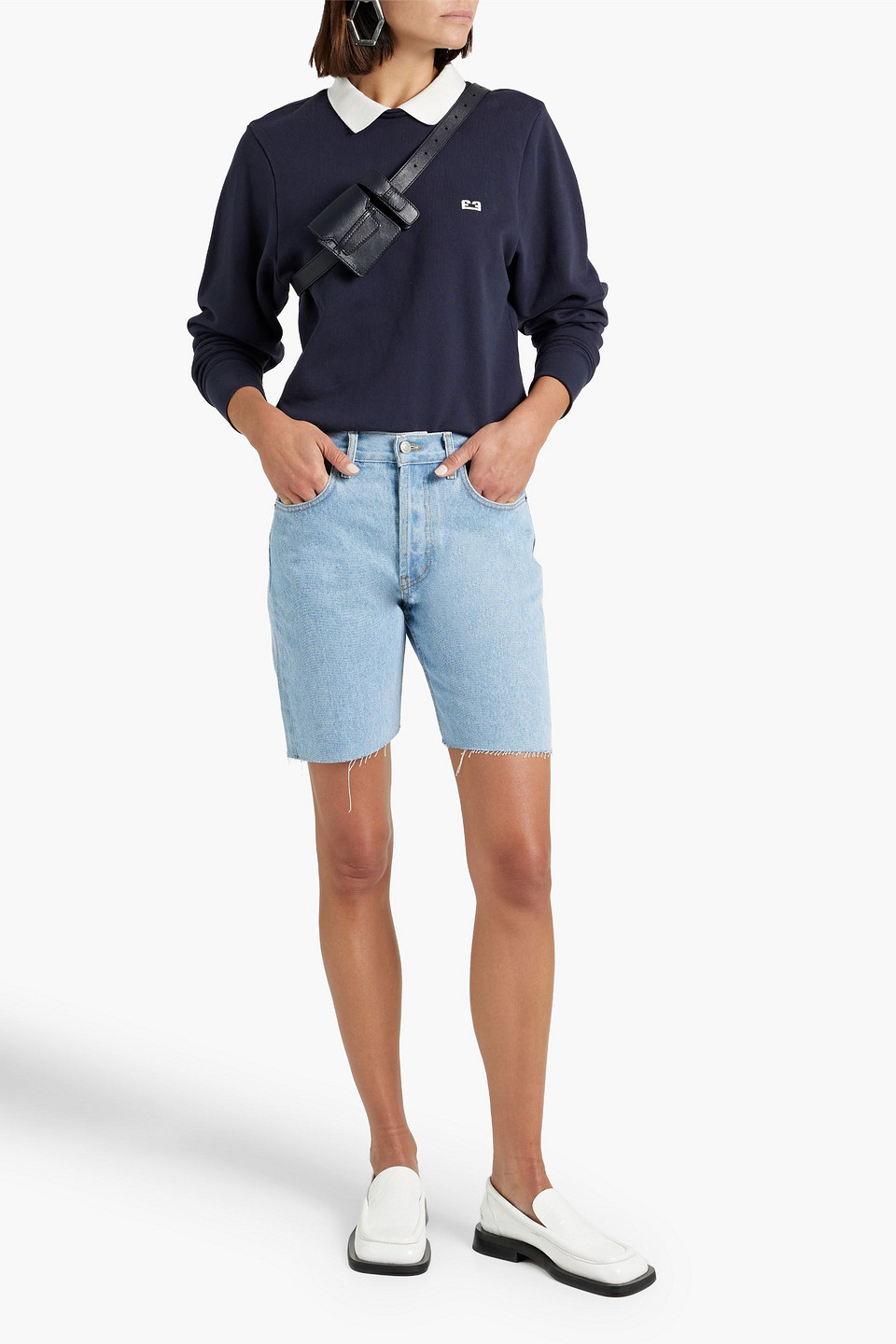 Shop Still Here Sunset Frayed Striped Denim Shorts In Light Denim