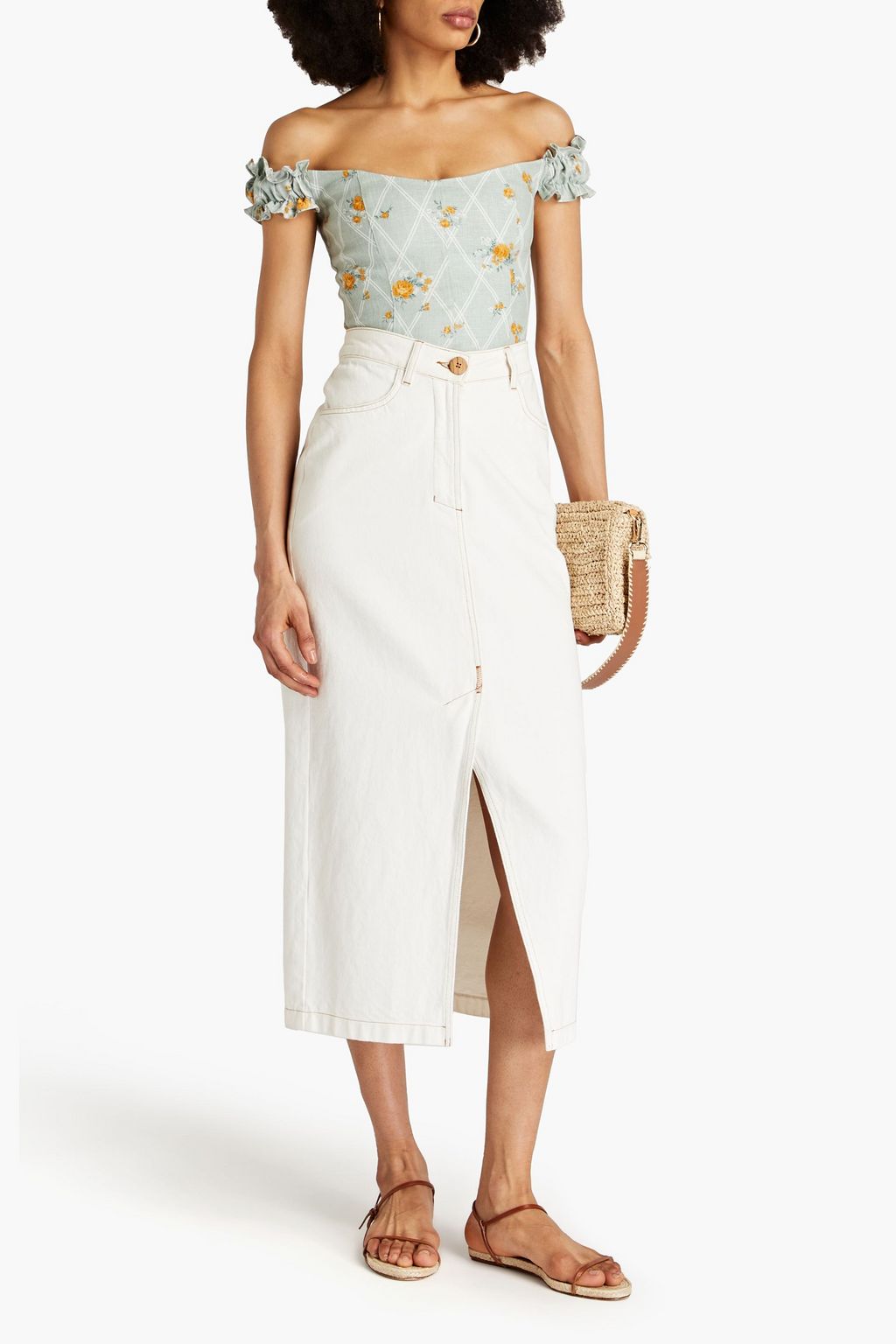REFORMATION Alcove off-the-shoulder floral-print linen top