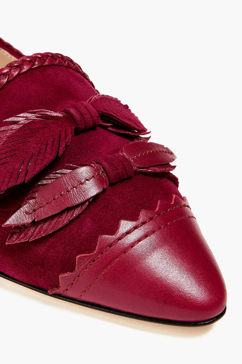 TOD'S リボン付き レザー&スエード ポインテッドトゥフラットシューズ