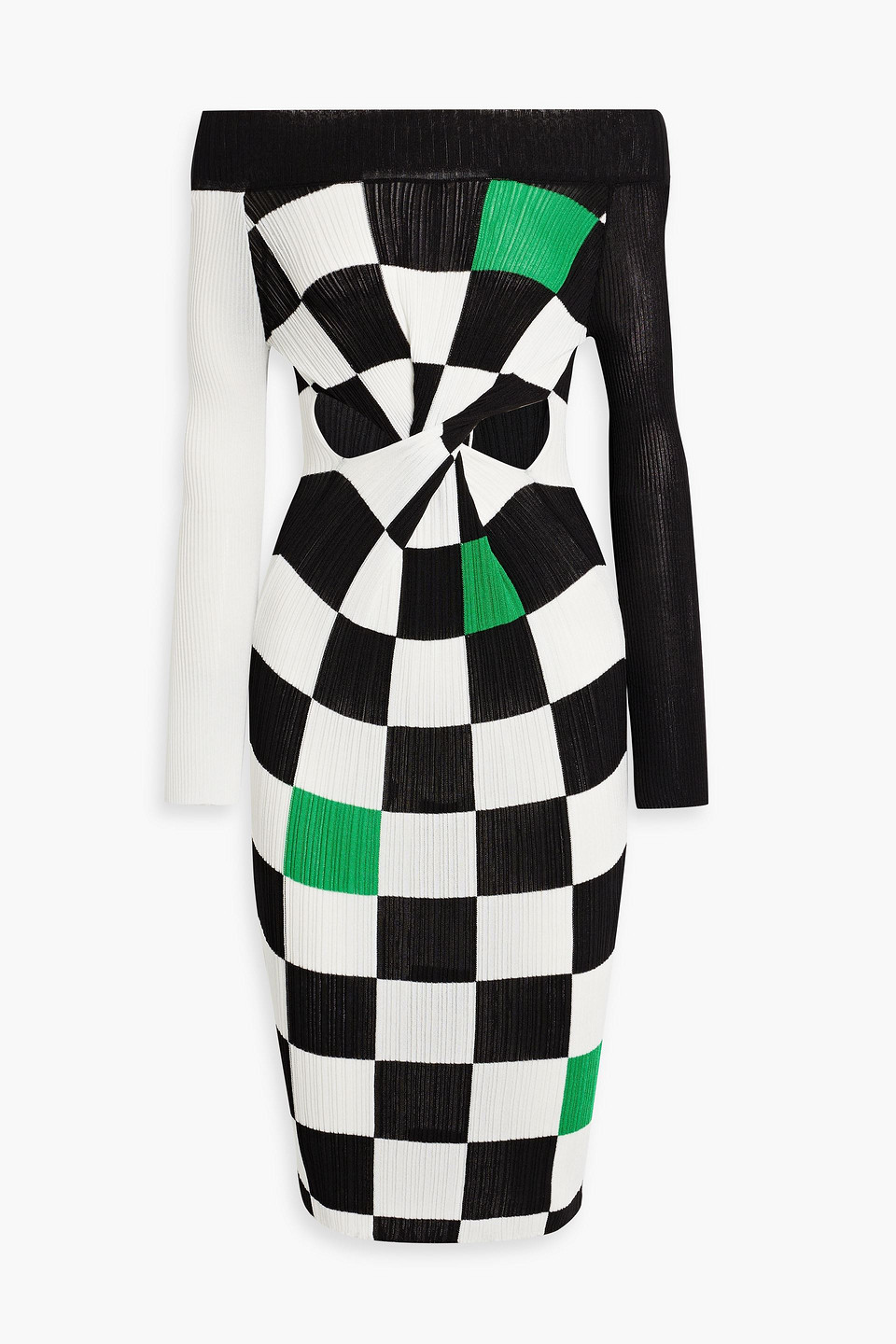 Andersson Bell Maya Off-the-shoulder Cutout Checked Ribbed-knit Dress In Black