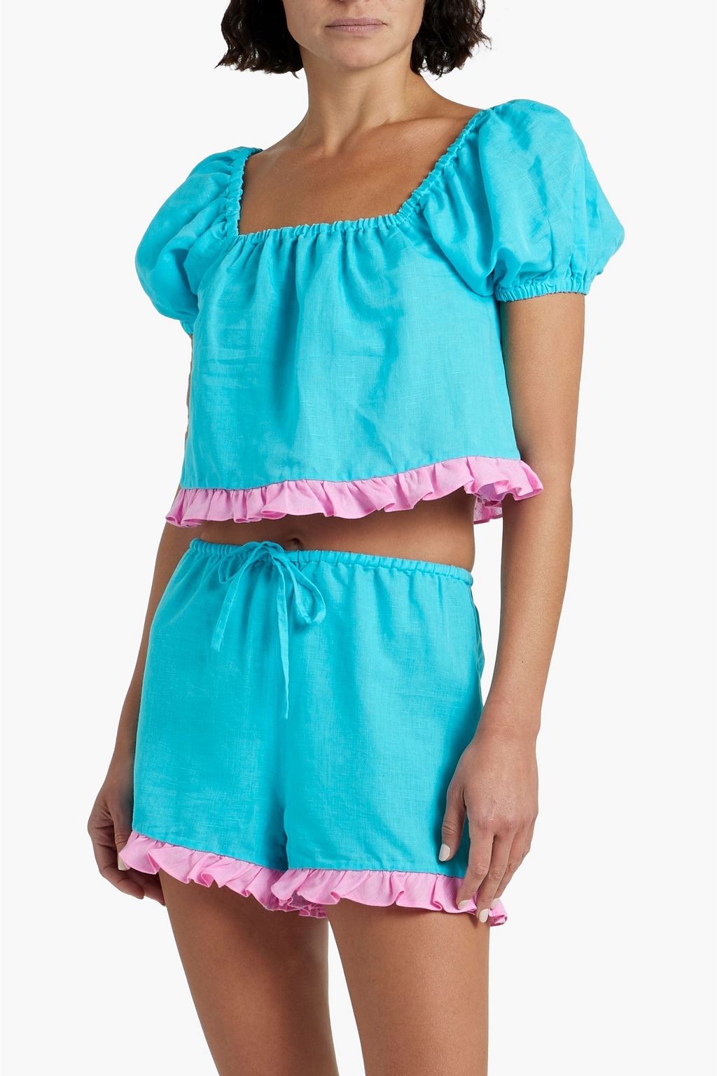 DORA LARSEN Sienna ruffed linen and cotton-blend pajama set
