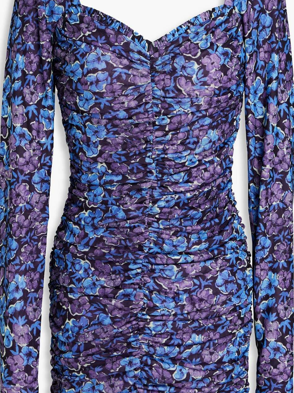 ruched floral-print mesh mini dress