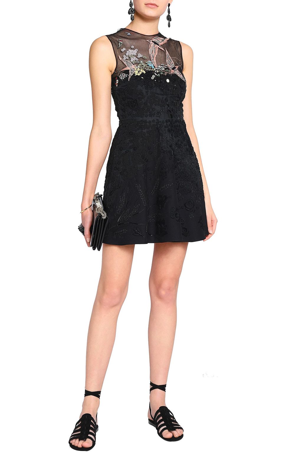VALENTINO GARAVANI Embellished tulle-paneled wool and silk-blend mini dress