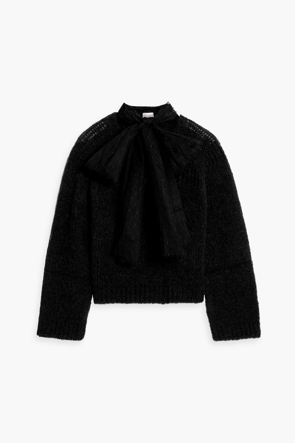 Red Valentino Point D'esprit-trimmed Pussy-bow Knitted Sweater In Black