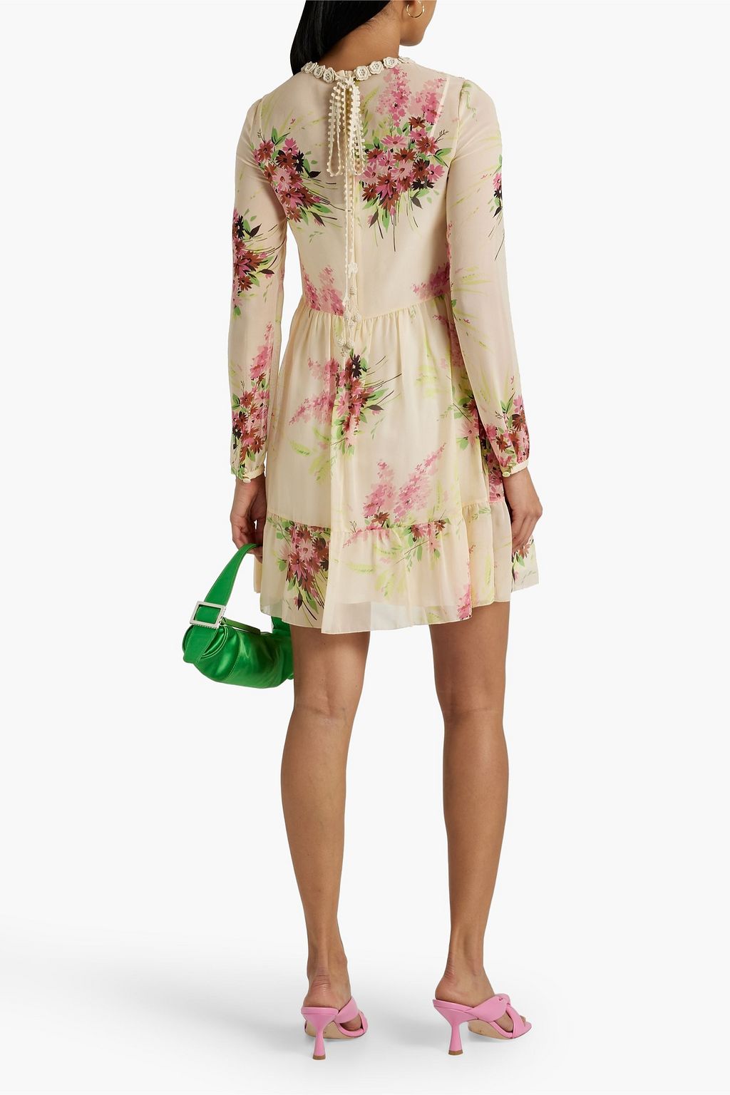 REDVALENTINO Floral-print crochet-paneled silk-chiffon mini dress