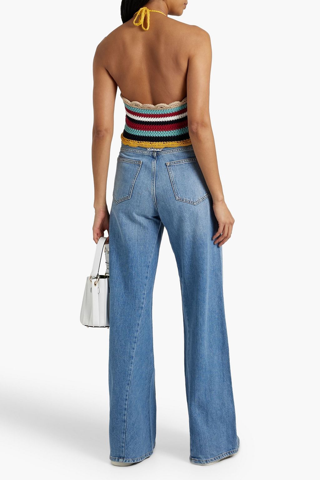 REDVALENTINO Cropped striped crocheted cotton halterneck top