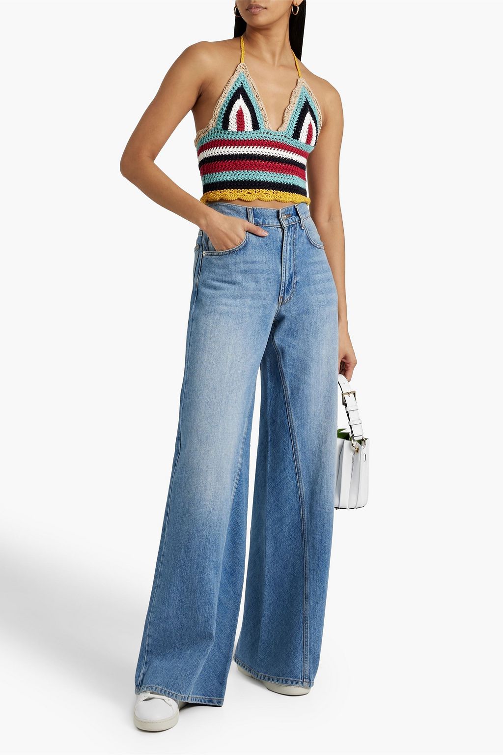 REDVALENTINO Cropped striped crocheted cotton halterneck top