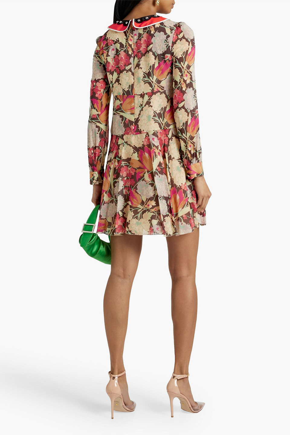 Red Valentino Studded Floral-print Silk-blend Chiffon Mini Dress In Brown