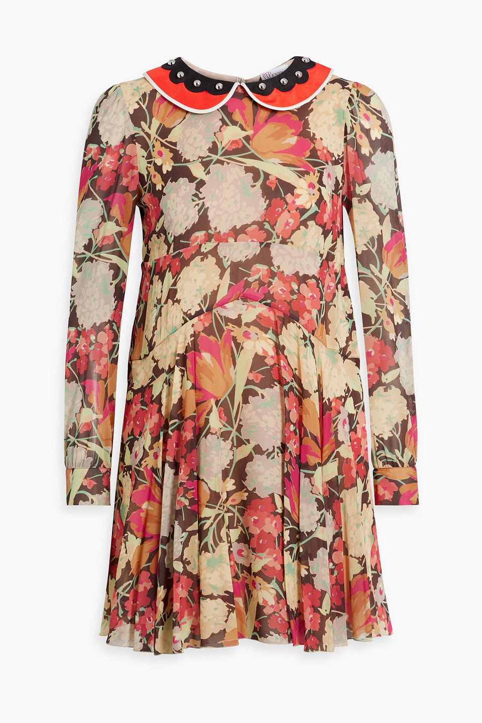 Red Valentino Studded Floral-print Silk-blend Chiffon Mini Dress In Brown