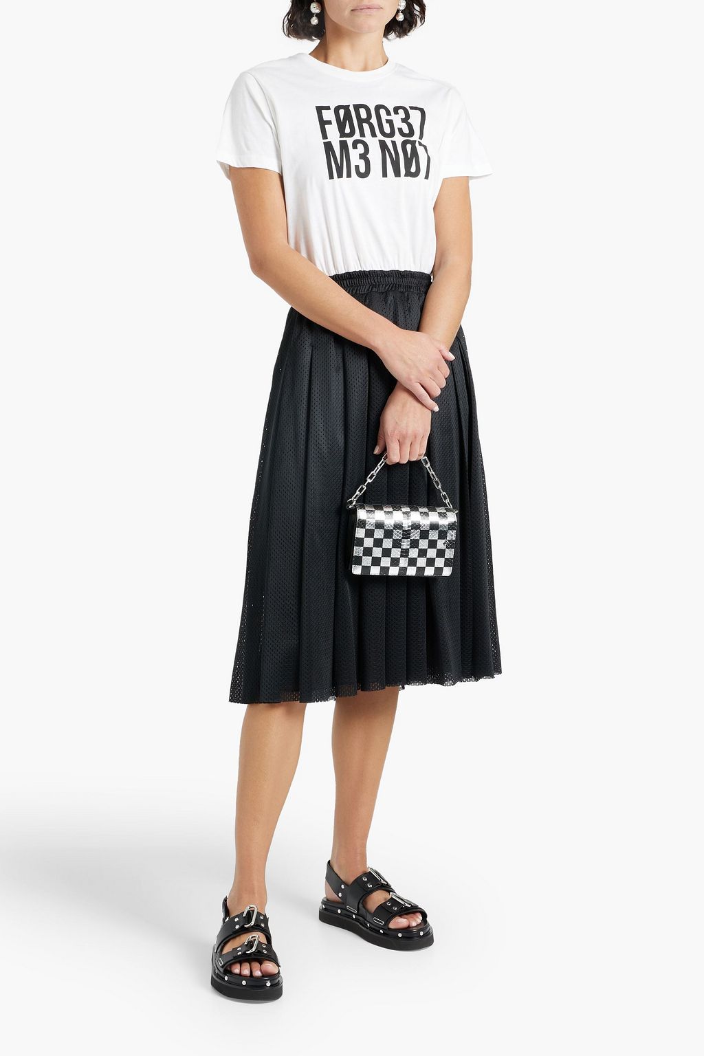 REDVALENTINO Printed cotton-jersey and pleated mesh midi dress