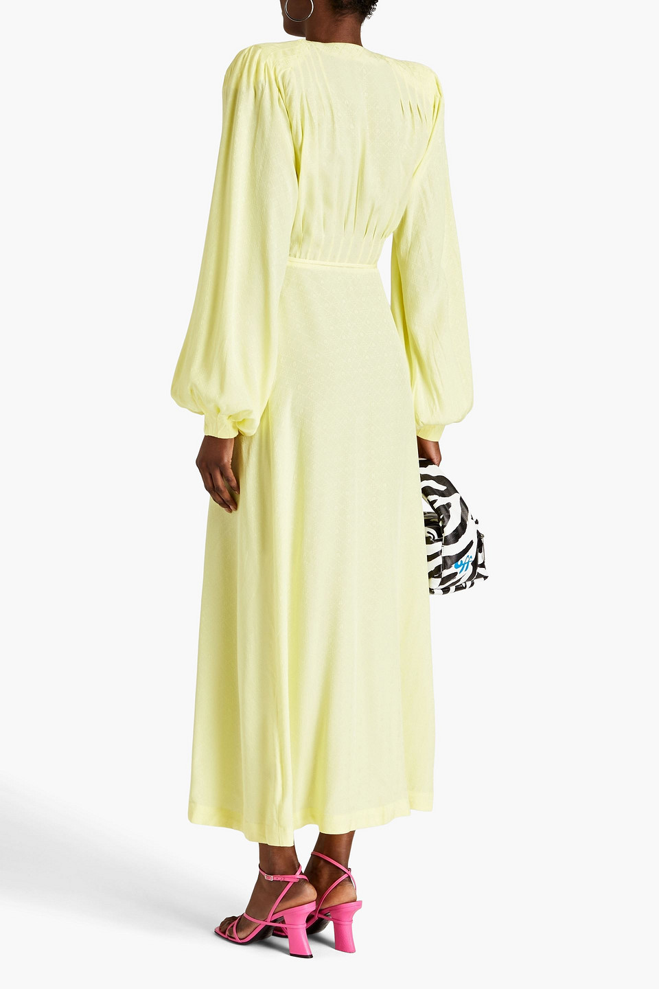 Rotate Birger Christensen Marison Pintucked Satin-jacquard Midi Wrap Dress In Pastel Yellow