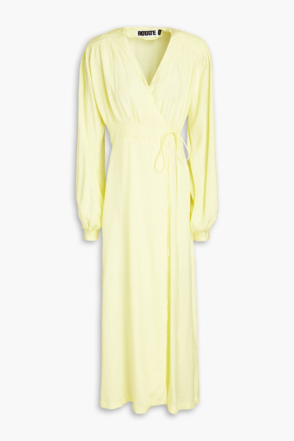 Rotate Birger Christensen Marison Pintucked Satin-jacquard Midi Wrap Dress In Pastel Yellow