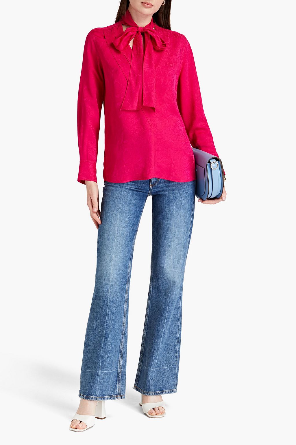 SANDRO Pussy-bow snake-print satin-jacquard blouse